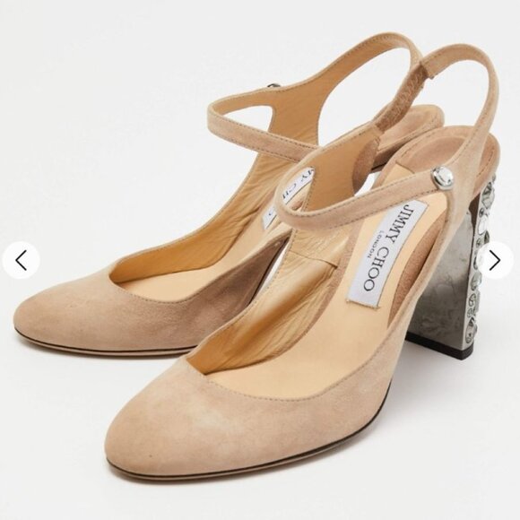 Jimmy Choo-Beige Suede & Leather Heels with multi-shape Crystals. Size 39 (US 9) - Picture 3 of 9